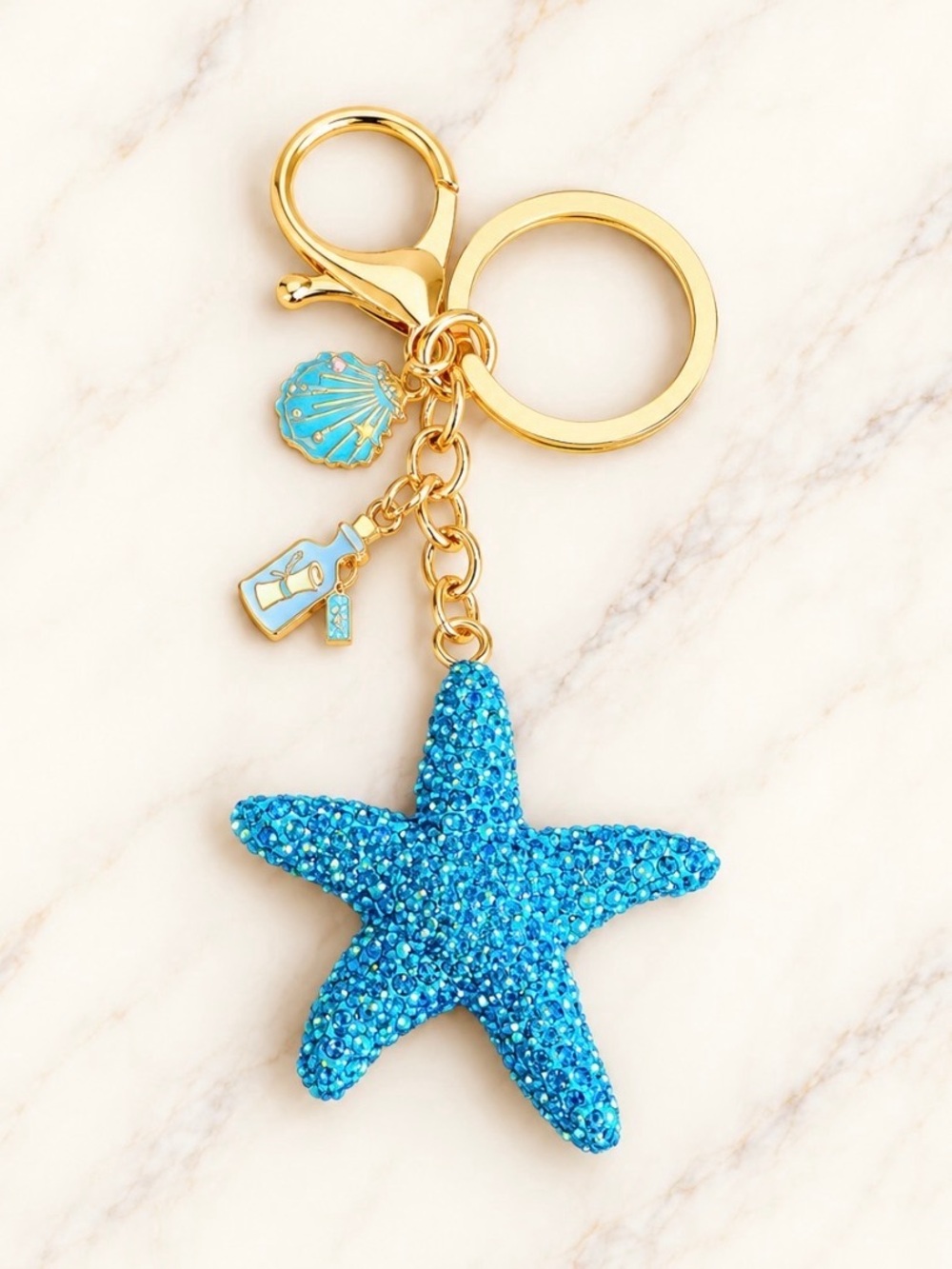 Bag Charm/Keyring Sparkling Blue Starfish Bag Charm On Gold Hardware